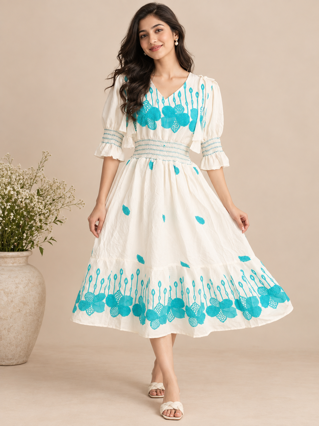 Cotton Blended Women Floral Wool Embroidery Kurti