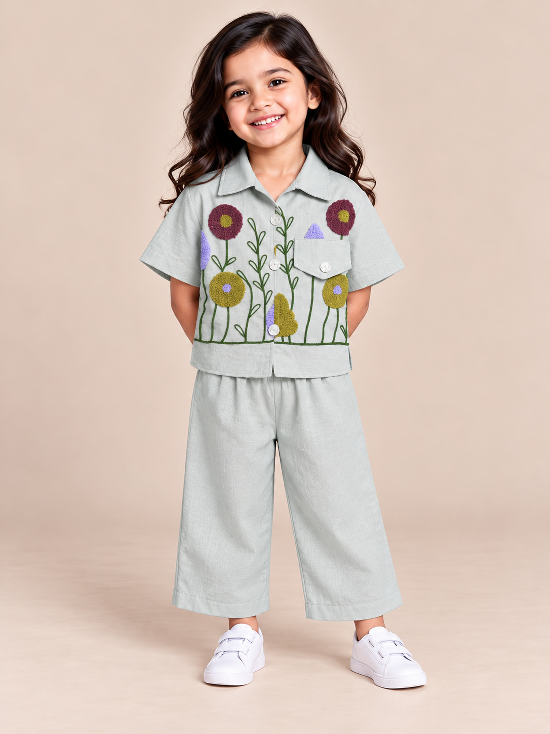 Girls Floral Embroidered Full Sleeve Top Pant Set