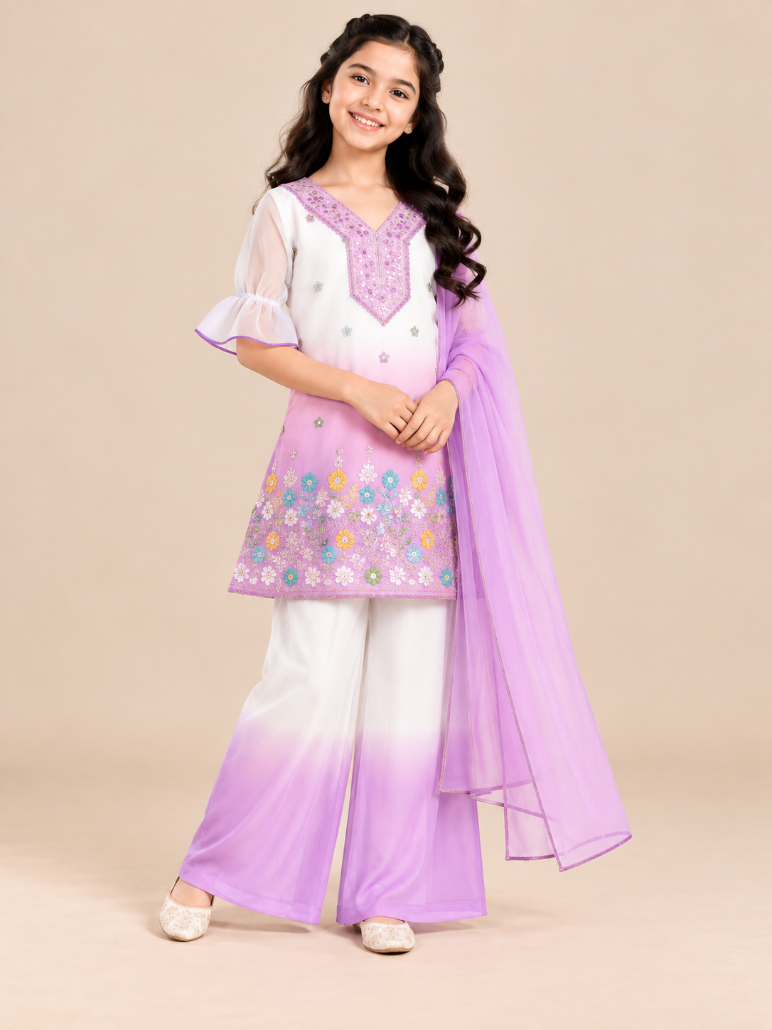 Girls' Embroidered 3-Piece Ethnic Suit Set with Dupatta
