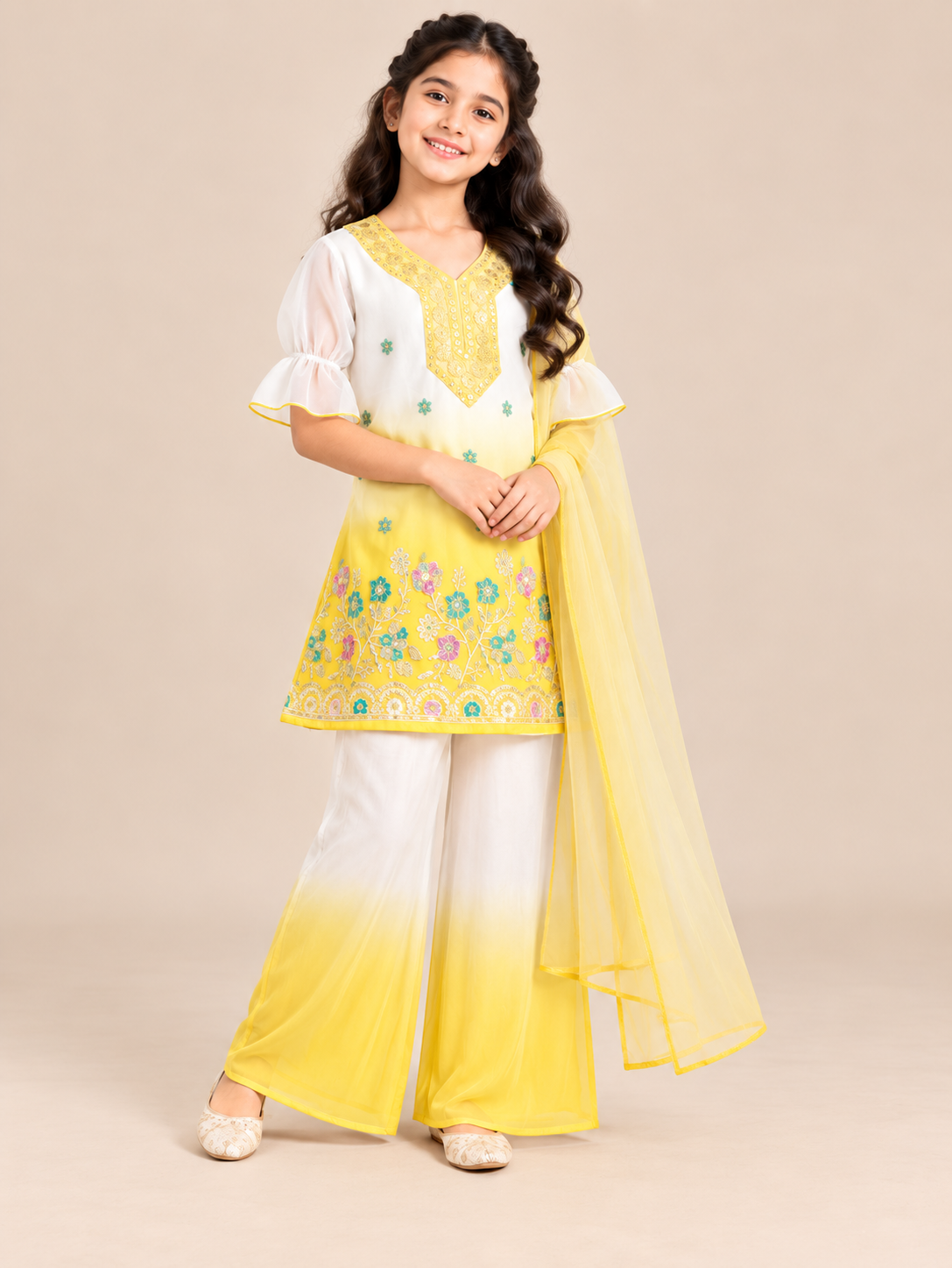 Girls' Embroidered 3-Piece Ethnic Suit Set with Dupatta