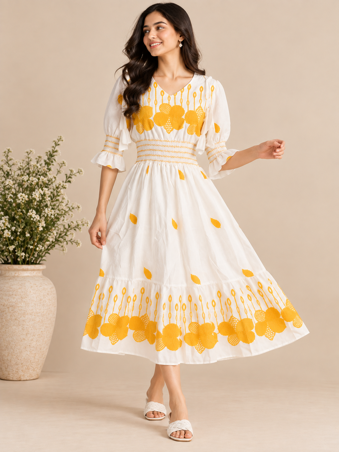 Cotton Blended Women Floral Wool Embroidery Kurti